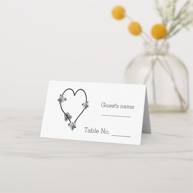 Black And White Butterfly Heart Design Wedding Place Card (Front)