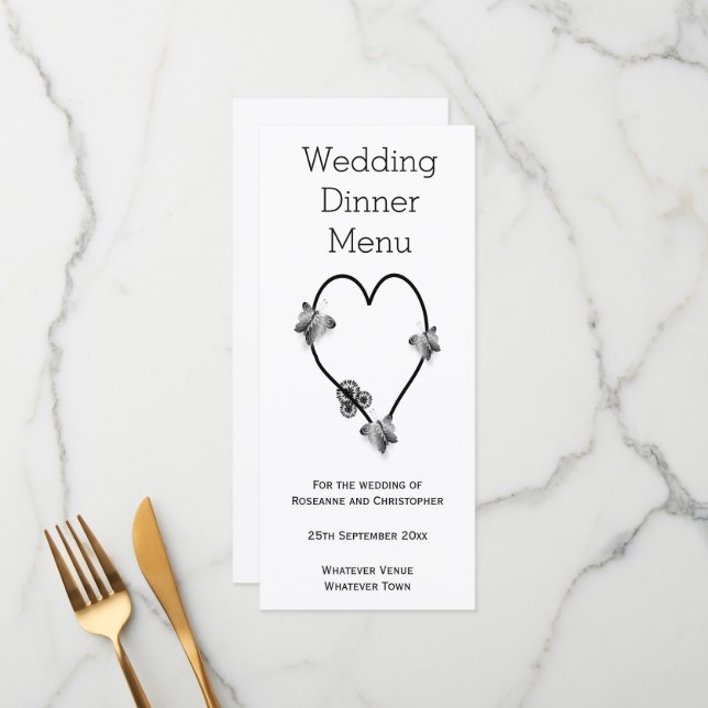 Black And White Butterfly Heart Wedding Dinner Menu (Front/Back In Situ)