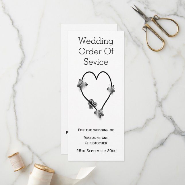 Black And White Butterfly Heart Wedding Program Programme (Front/Back In Situ)