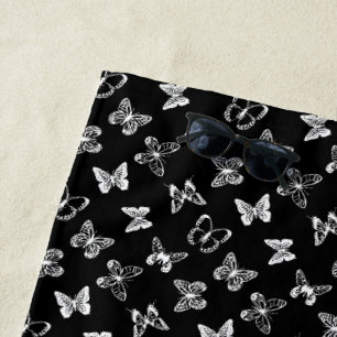 Black and White Butterfly illustration Black Beach Towel
