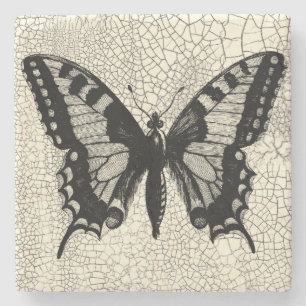 Black and White Butterfly on Cracked Background Stone Coaster