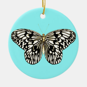 Black and white butterfly, turquoise background ceramic tree decoration