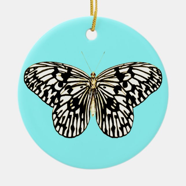 Black and white butterfly, turquoise background ceramic tree decoration (Front)