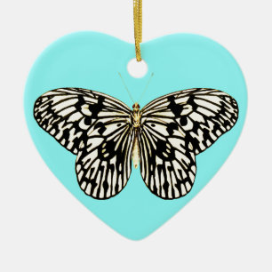 Black and white butterfly, turquoise background ceramic tree decoration