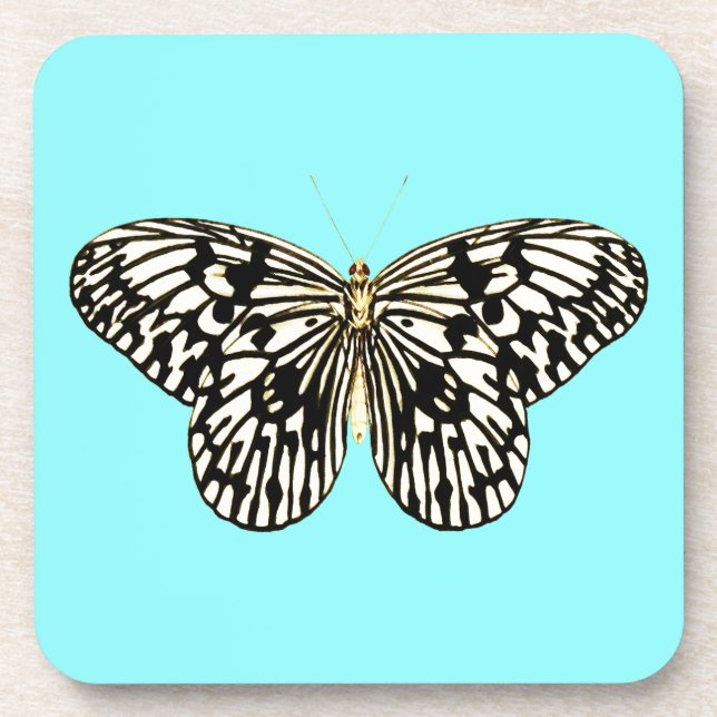 Black and white butterfly, turquoise background coaster (Front)