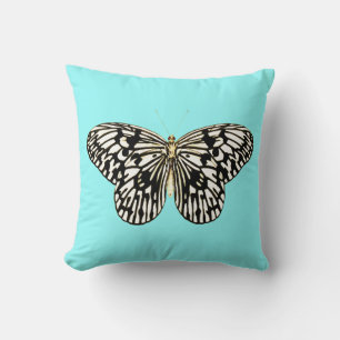 Black and white butterfly, turquoise background cushion