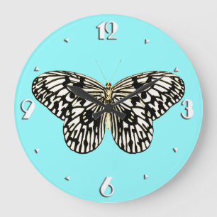 Black and white butterfly, turquoise background large clock