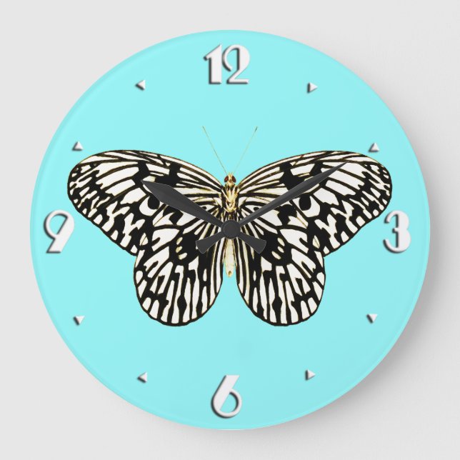 Black and white butterfly, turquoise background large clock (Front)