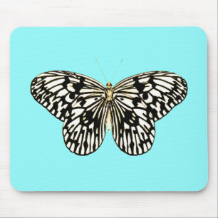 Black and white butterfly, turquoise background mouse pad