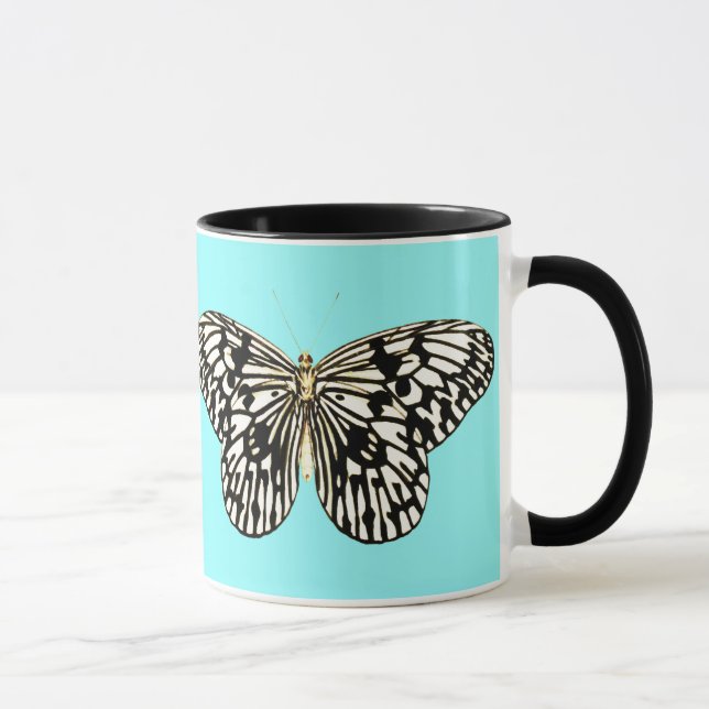 Black and white butterfly, turquoise background mug (Right)