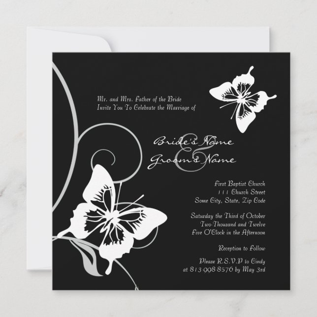 Black and White Butterfly Wedding Invitation (Front)