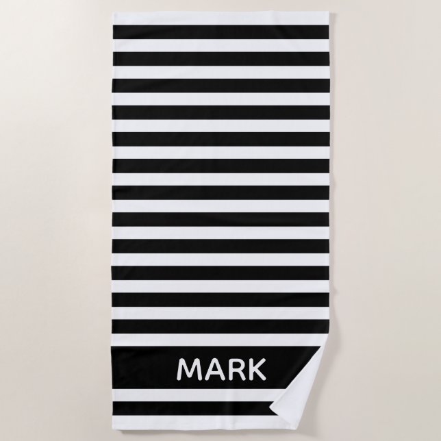 Black And White Cabana  Stripe Personalized Beach Towel (Front)