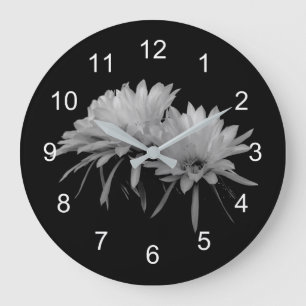Black and White cactus blooms Large Clock