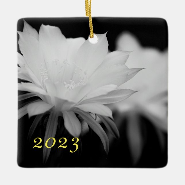 Black and White cactus flower Ceramic Ornament (Front)