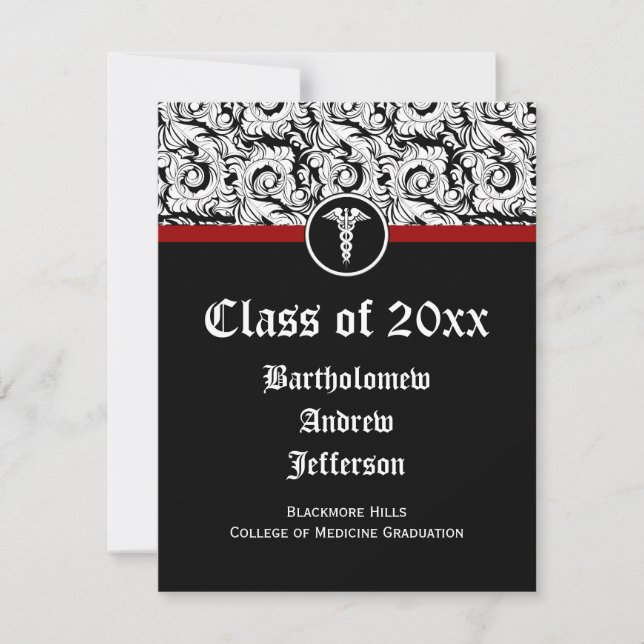 Black and White Caduceus Medical School Graduation Invitation (Front)