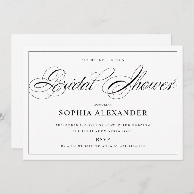 Black and White Calligraphy Elegant Bridal Shower Invitation (Front/Back)