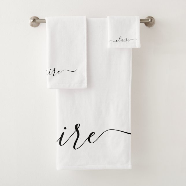 Black And White Calligraphy Script Custom Name  Bath Towel Set (Insitu)