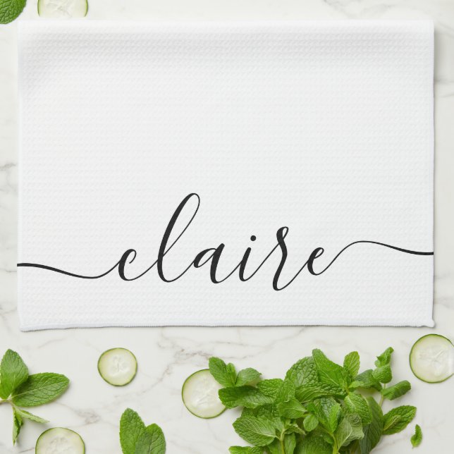 Black And White Calligraphy Script Custom Name  Tea Towel (Folded)