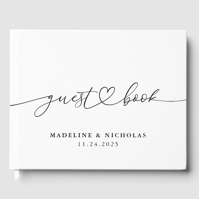Black And White Calligraphy Simple Modern Wedding Guest Book (Front)