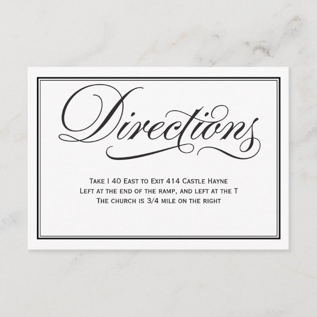 Black and White Calligraphy Wedding Directions Enclosure Card (Front)