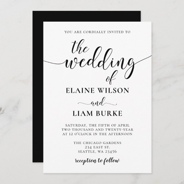Black and White  Calligraphy Wedding Invitation (Front/Back)