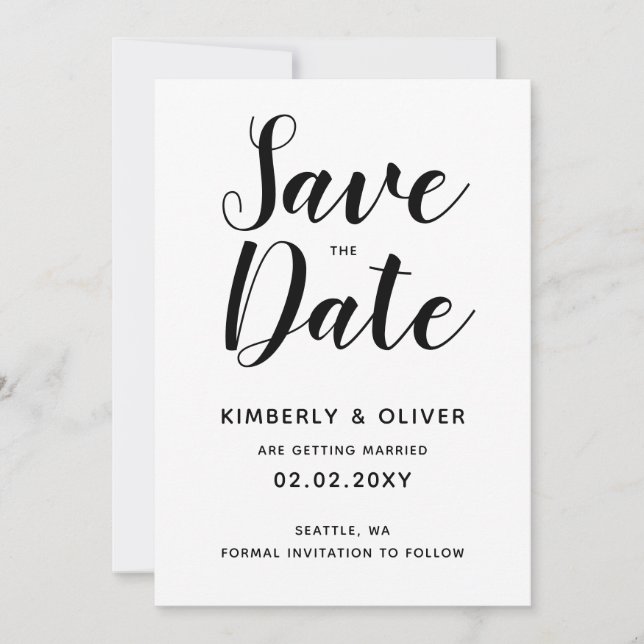 Black and white Calligraphy Wedding Save the Date Invitation (Front)