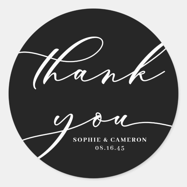 Black and White Calligraphy Wedding Thank You Classic Round Sticker (Front)