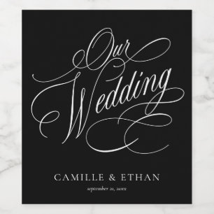 Black and White Calligraphy Wedding Wine Label
