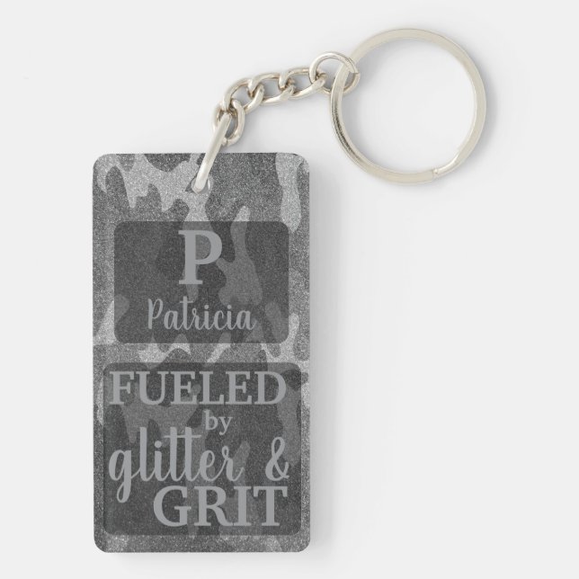 Black and White Camouflage Glitter Camo Name Key Ring (Back)