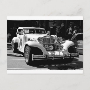 Black and white card of retro car Excalibur