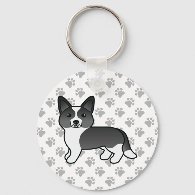 Black And White Cardigan Welsh Corgi Cartoon Dog Key Ring (Front)