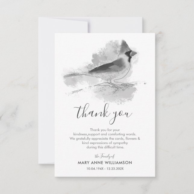 Black and White Cardinal Bird Funeral Thank You Card (Front)
