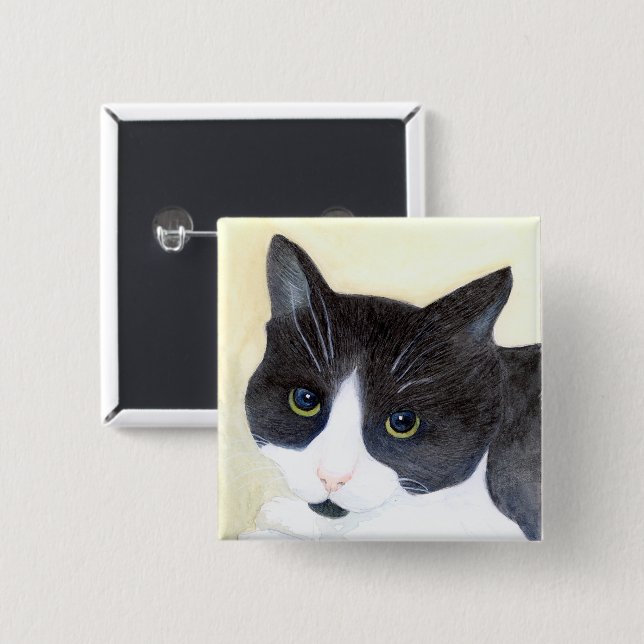Black and White Cat 15 Cm Square Badge (Front & Back)