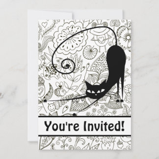 Black and White Cat and Garden Birthday Invitation