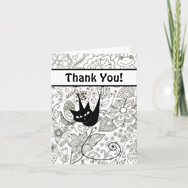 Black and White Cat and Garden Thank You Card (Front)