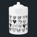 Black and White Cat and Heart Pattern<br><div class="desc">Playful cat tugging at a heart shaped balloon surrounded by different patterned hearts in black and white.</div>