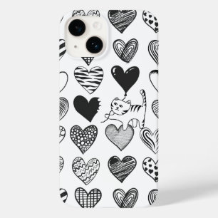 Black and White Cat and Heart Pattern Case-Mate iPhone 14 Case