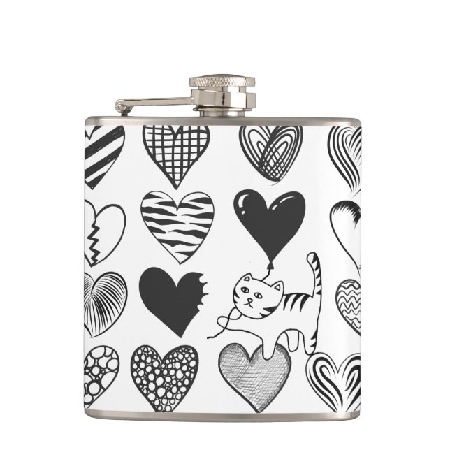 Black and White Cat and Heart Pattern Hip Flask (Front)