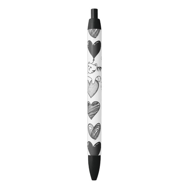 Black and White Cat and Heart Pattern Ink Pen (Front Vertical)