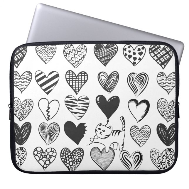 Black and White Cat and Heart Pattern Laptop Sleeve (Front)