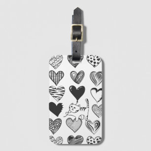 Black and White Cat and Heart Pattern Luggage Tag