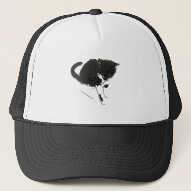 Black and White Cat Artwork Trucker Hat (Front)