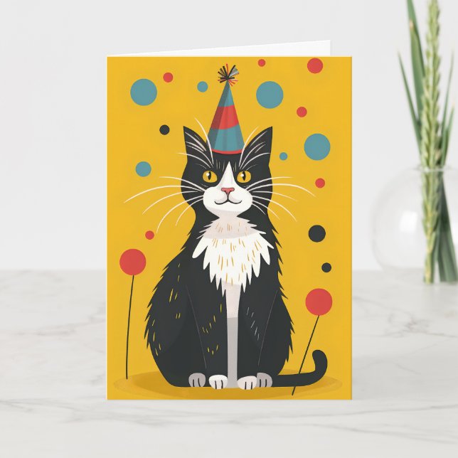 Black and White Cat Birthday Party Greeting Card (Front)