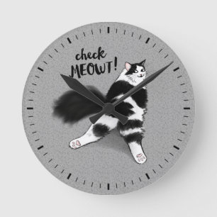 Black and White Cat Check Meowt Funny Round Clock