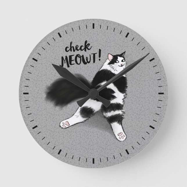 Black and White Cat Check Meowt Funny Round Clock (Front)