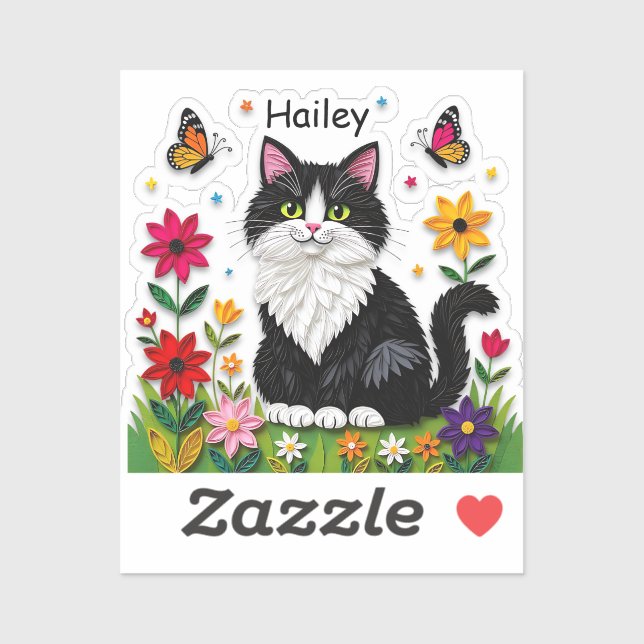 Black and White Cat, Flowers and Butterflies   (Sheet)