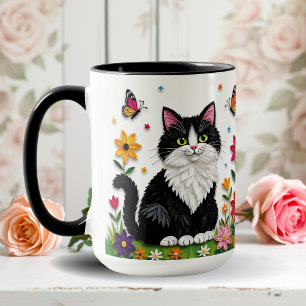Black and White Cat, Flowers and Butterflies Mug