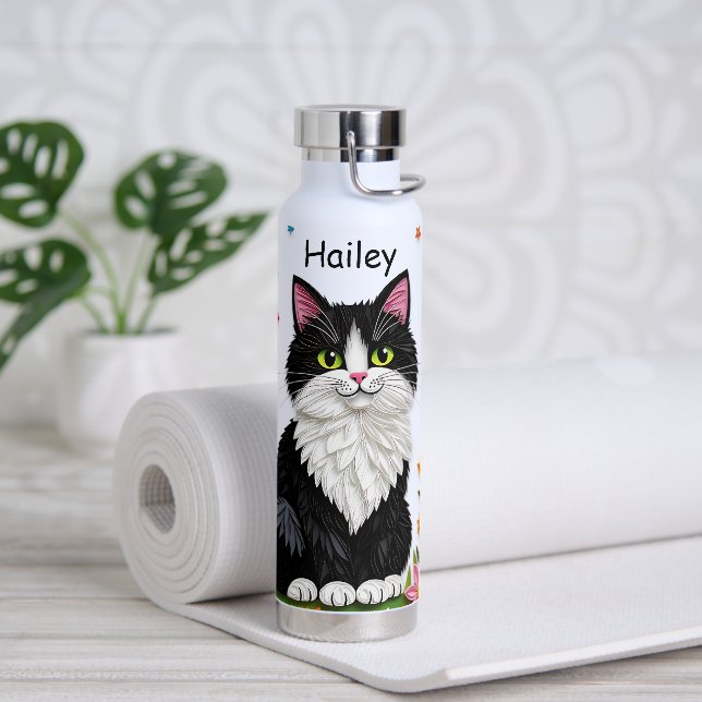 Black and White Cat, Flowers and Butterflies   Water Bottle (Yoga)