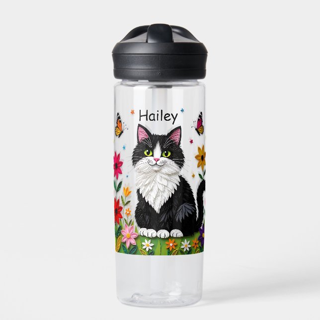 Black and White Cat, Flowers and Butterflies   Water Bottle (Front)