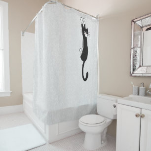 Black and White Cat Hanging On   Funny Tuxedo Cat Shower Curtain